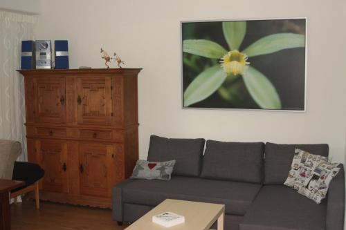 上柯尼希山麓米尔巴赫Alpendomizil Pia的客厅配有灰色的沙发和木柜