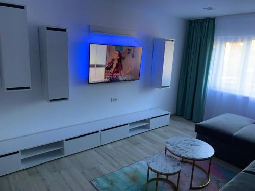 彼得罗沙尼Apartament Infinity Petroșani的客厅配有沙发和墙上的电视