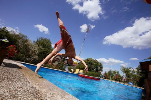 Paldau温灵歌盖斯富酒店的游泳池旁一个手持台的人