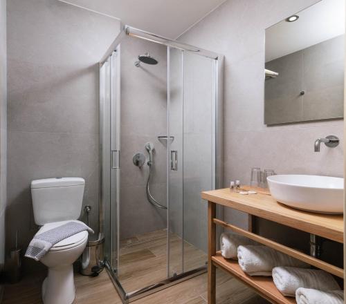 马塔拉马塔拉湾公寓酒店的带淋浴、卫生间和盥洗盆的浴室
