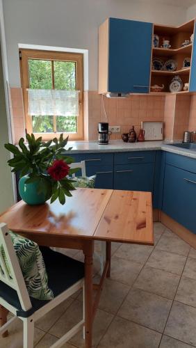 GustowIdylle im Grünen的厨房配有木桌和盆栽植物