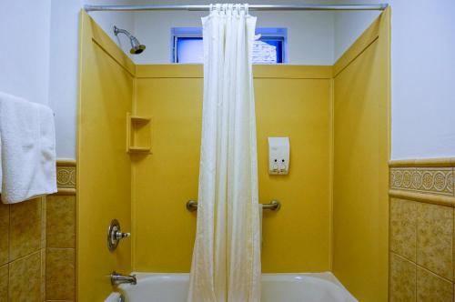 旧金山格兰特酒店的黄色的浴室设有浴缸和淋浴。