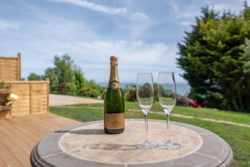 莱姆里吉斯The Jolly Lodge-Sea Views-Free Parking的桌子上放有一瓶葡萄酒和两杯酒