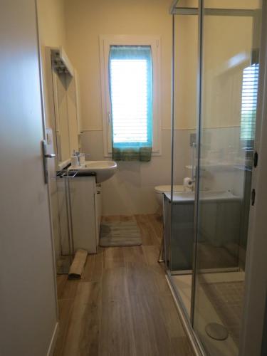 韦基亚诺Casa Vacanze “Bouganville” loc Avane Pisa的一间带玻璃淋浴和水槽的浴室