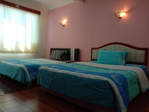 波德申Glory Beach Resort PriVate PentHouse的配有粉红色墙壁的客房内的两张床