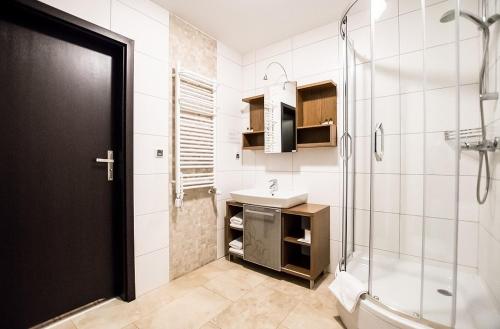 格鲁德柴兹玛茹萨酒店的带淋浴、盥洗盆和卫生间的浴室