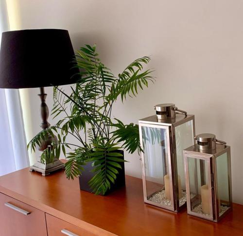 蓬塔德尔加达Yellow Five Apartment的一张桌子,上面有两盏玻璃灯笼和一株植物