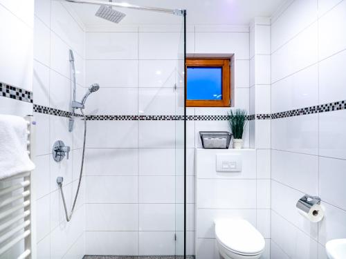 扎科帕内Domki Na Babińcu的带淋浴和卫生间的白色浴室