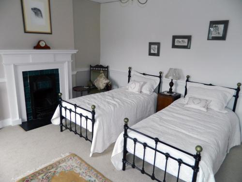 赖厄德Penralley House B&B的卧室设有两张床,配有壁炉