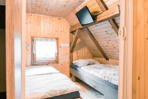 博维茨Počitniška hiška Jrga的小屋内设有一间带床铺和电视的卧室