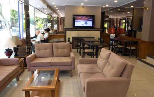 门多萨门多萨丽兹酒店的带沙发和电视的客厅以及酒吧。