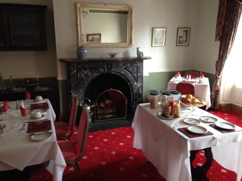 瑟斯克科尔克加特酒店的一间带2张桌子和壁炉的用餐室