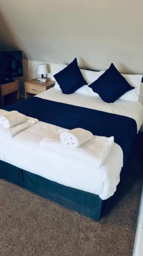 威克Caithness Inn的两张位于酒店客房的床,配有蓝色和白色枕头