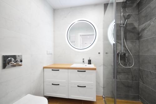 洛格沃Apartament Rogowo的一间带水槽和淋浴的浴室