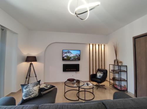 沃洛斯Grey Swan - Modern & Stylish apartment with Private Parking的客厅配有沙发和墙上的电视