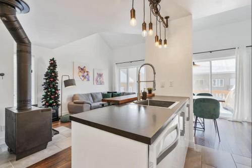 博普雷INITIAL - PETIT BONHEUR - Mont-Sainte-Anne的厨房以及带圣诞树的起居室。