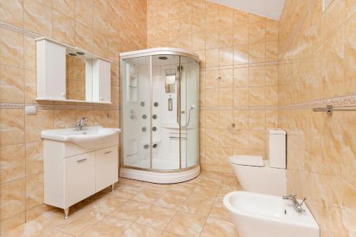 科托尔Villa Forest的带淋浴、盥洗盆和卫生间的浴室