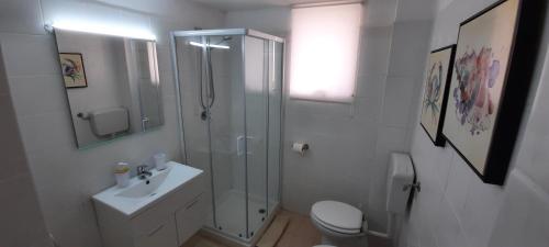 锡拉库扎Borgo Arenella的带淋浴和盥洗盆的白色浴室