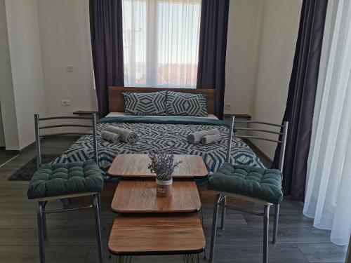 奥赫里德GOPO Guesthouse Elshani的卧室配有一张床和一张桌子及椅子