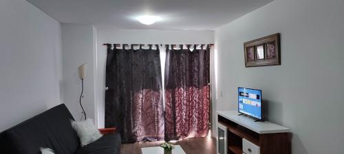 蒂格雷Departamento céntrico en Tigre II的客厅设有窗户、沙发和电视