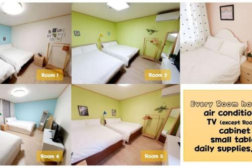 首尔House Mongja的一张四幅照片,一张一张房间,床