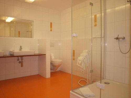 波朗特吕总站酒店的带淋浴、盥洗盆和卫生间的浴室