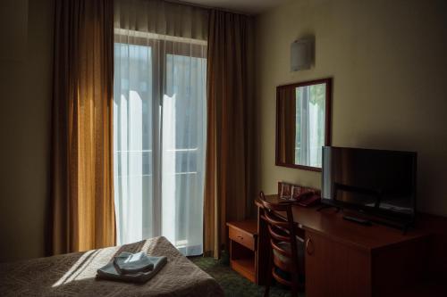瓦尔纳迪奥尼斯酒店的酒店客房设有床、电视和镜子