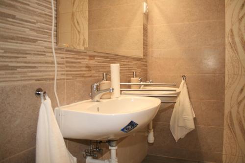 包姚Fekete Gólya Pihenőház的浴室配有盥洗盆、镜子和毛巾