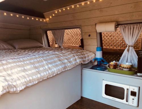 LandrumVan Camping - Do Something Different!的一间卧室配有床和微波炉