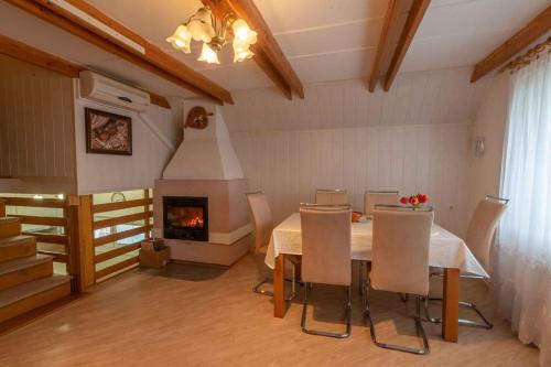 新梅斯托Holiday home in Novo Mesto - Dolenjska Bela krajina Unter- Weißkrain 42895的一间带桌子和壁炉的用餐室