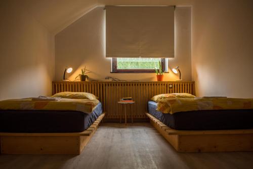 伊德里亚伊德里亚旅舍的两张床位于带窗户的房间内