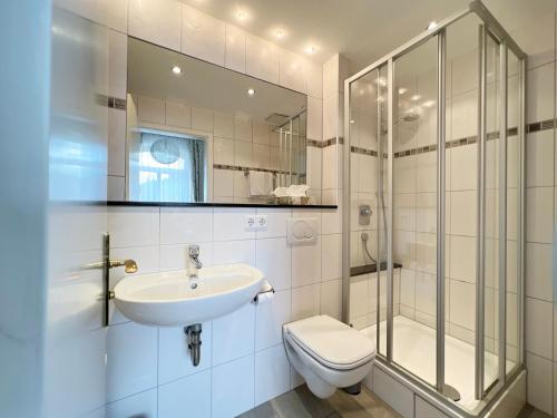 弗莱堡科勒克鲁格酒店的一间带水槽、卫生间和淋浴的浴室