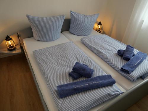 齐罗neben Wismar FH"FaJuKa" Strandnah mit Wallbox的客房内的两张床和蓝色枕头