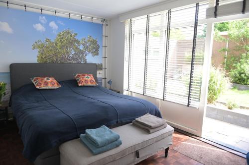 蒂尔堡AaBenB appartement的一间卧室配有一张带蓝色床单的床和大窗户。