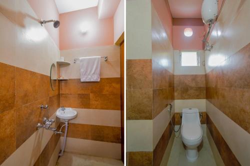 加尔各答Eco Corporate Inn的浴室的两张照片,配有卫生间和水槽