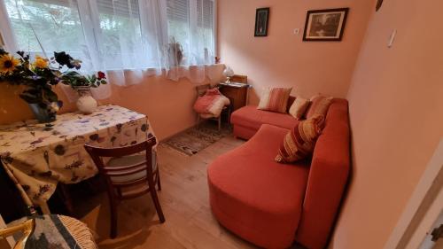 拜赖克菲尔德Bianka vendégház的客厅配有红色的沙发和桌子