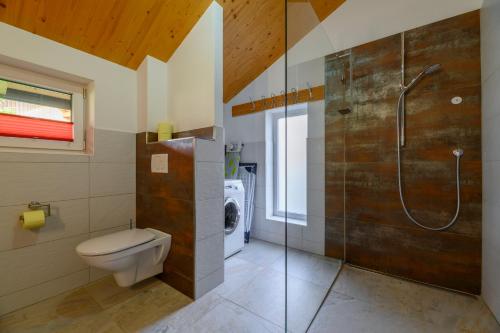 巴德哥依斯恩Ferienlodge MaResi的一间带卫生间和玻璃淋浴间的浴室