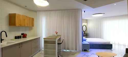 巴特亚姆8 Hotel Apartment Short Time TLV BAT YAM的厨房以及带床和水槽的卧室