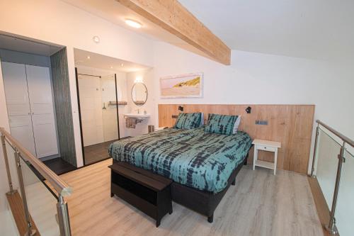 登堡Texbed的一间卧室设有一张床和一个步入式淋浴间。