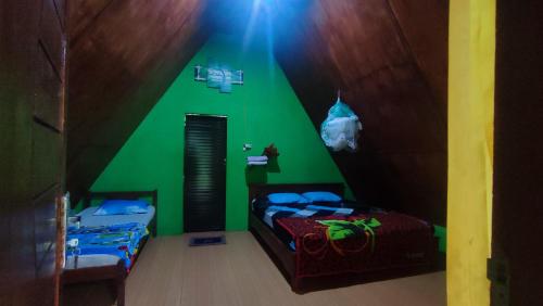 Tangkahan唐卡汉绿色森林酒店的绿色客房,配有两张单人床