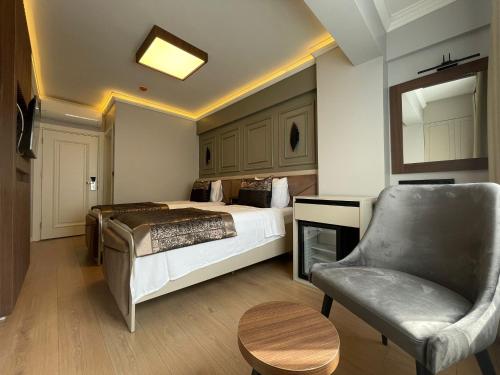 伊斯坦布尔Azra Sultan Hotel & Spa的配有一张床和一把椅子的酒店客房
