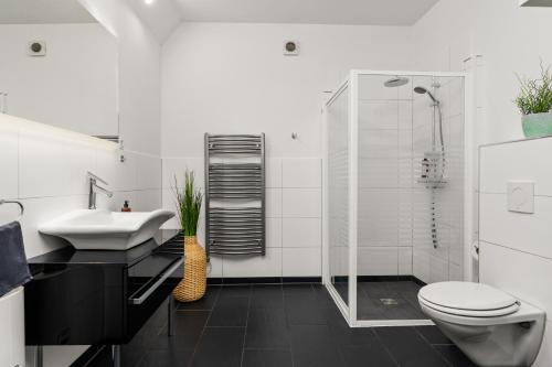 不莱梅City-Apartment direkt in den Parkanlagen的白色的浴室设有水槽和卫生间。