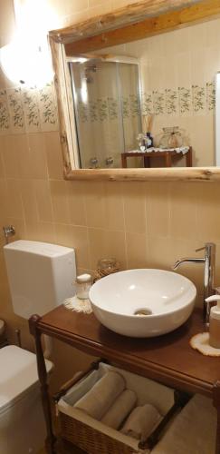 苏特廖Casa all’antica fontana的一间带水槽、卫生间和镜子的浴室