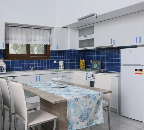 帕奇斯Olia Garden的厨房配有桌椅和冰箱。