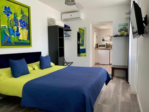 勒布斯卡Maison d'hôtes Romarine的一间卧室设有蓝色和绿色的床,还有一个厨房