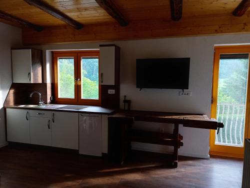 LjubnoLahova hiša的一个带柜台的厨房和墙上的电视
