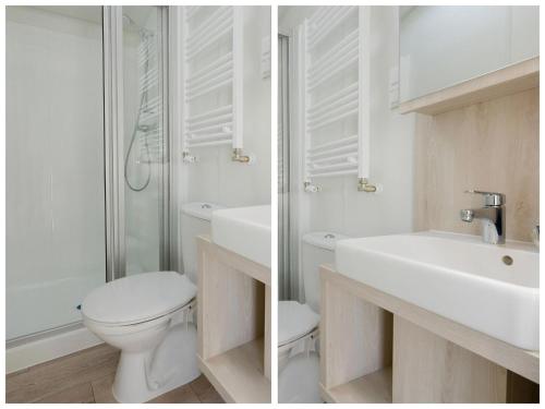 米德尔克尔克Modern mobile home in Middelkerke with garden的浴室的两张照片,配有卫生间和水槽