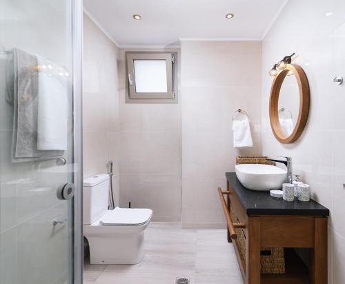 卡拉马基Ammokrinos Luxury Homes,150m from the beach的一间带卫生间、水槽和镜子的浴室