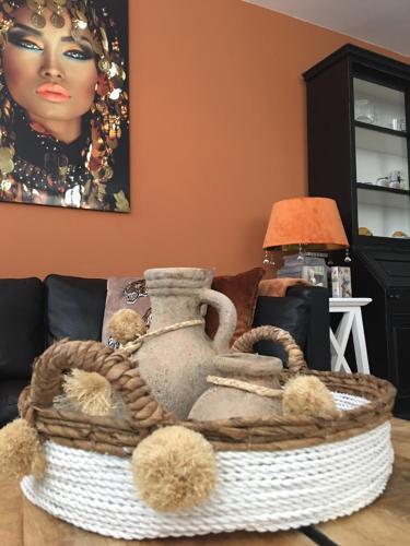 赞德沃特瓦可胡赛迪泽帕瑞度假屋的沙发上的花瓶和篮子