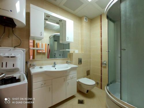 布德瓦Monterus apartment with sea view in Becici的一间带水槽、卫生间和镜子的浴室